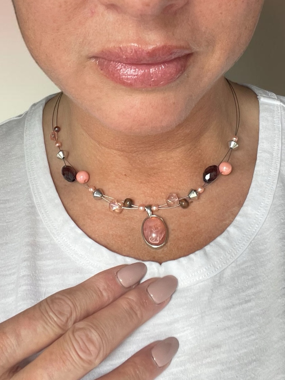 Floating Pink Peach Brown Glass Illusion Oval Pendant Necklace